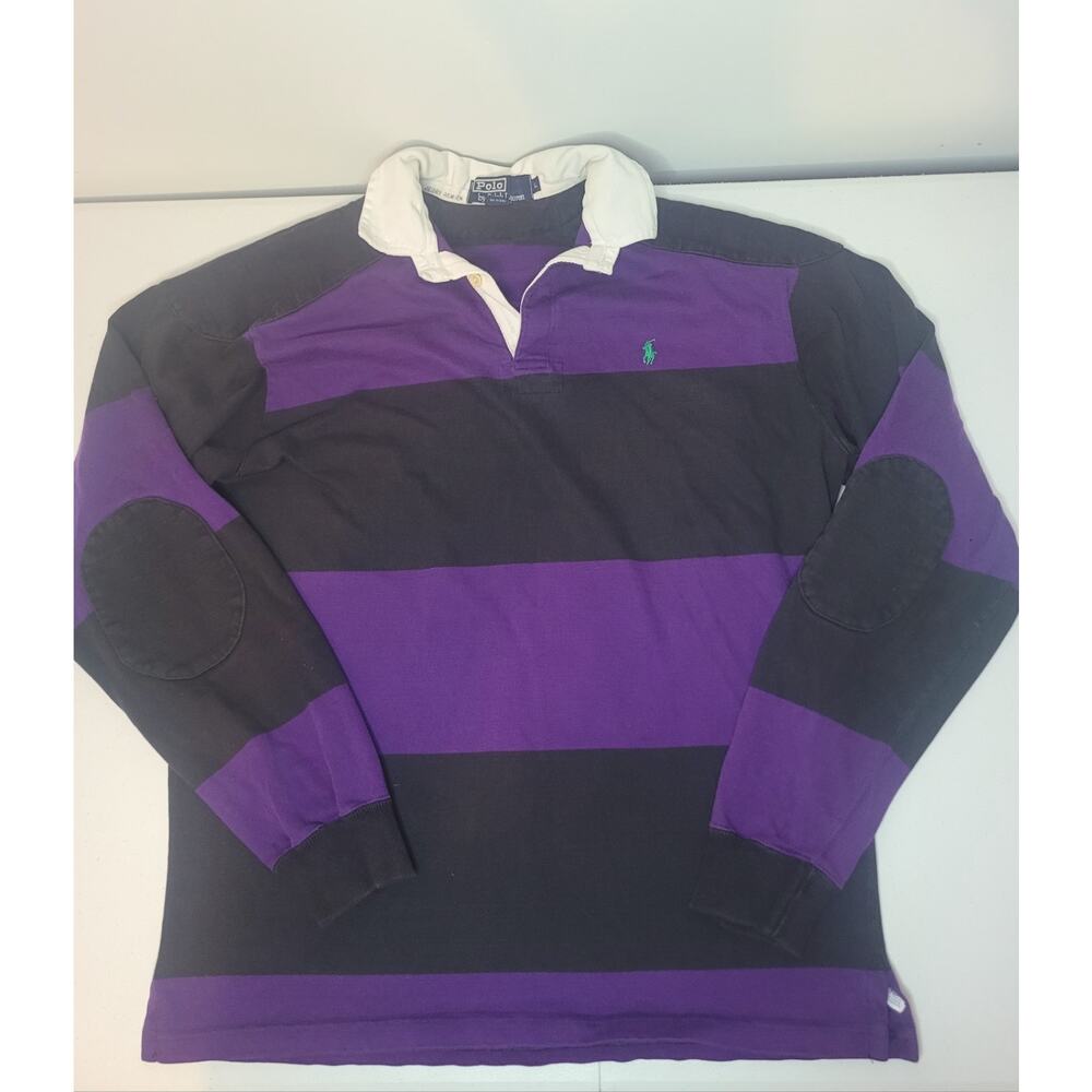 Vntg Polo By Ralph Lauren Polo Shirt Men L Purple Black Rugby Stripe Long Sleeve - Picture 3 of 12